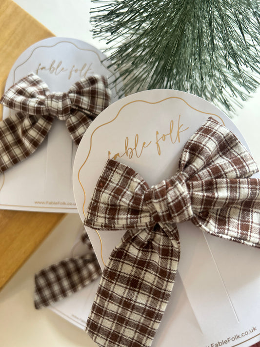 Gingham Longtail Bow Clip - Mocha