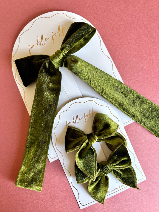 Velvet Long Tail Bow - Moss