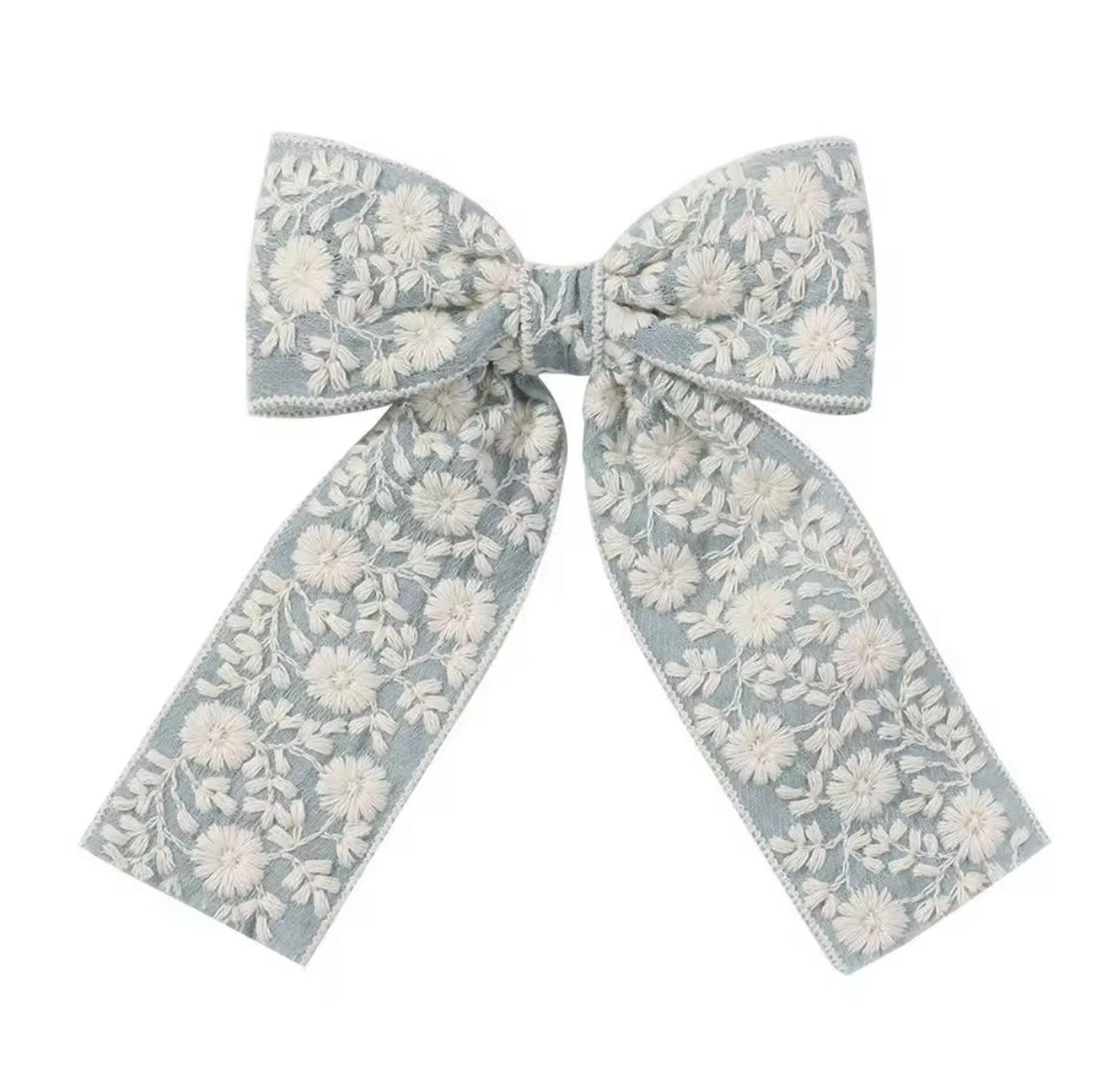 Embroidered Long Tail Bow - Sky Blue
