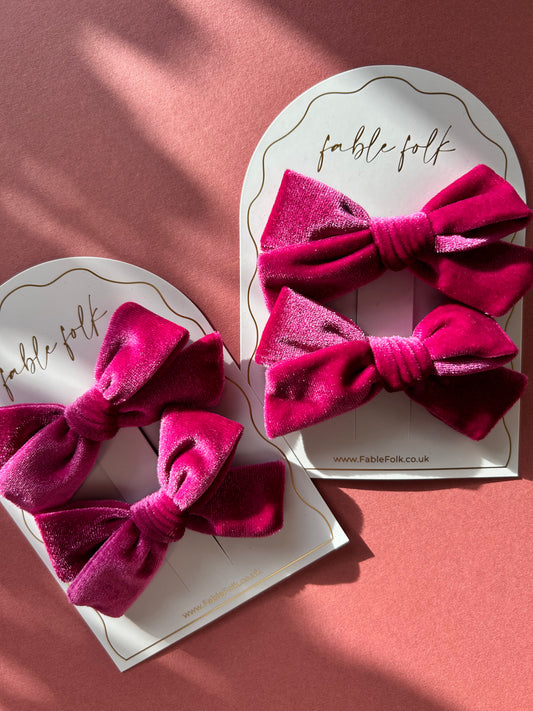 School girl velvet bow clip (2pk) - Magenta