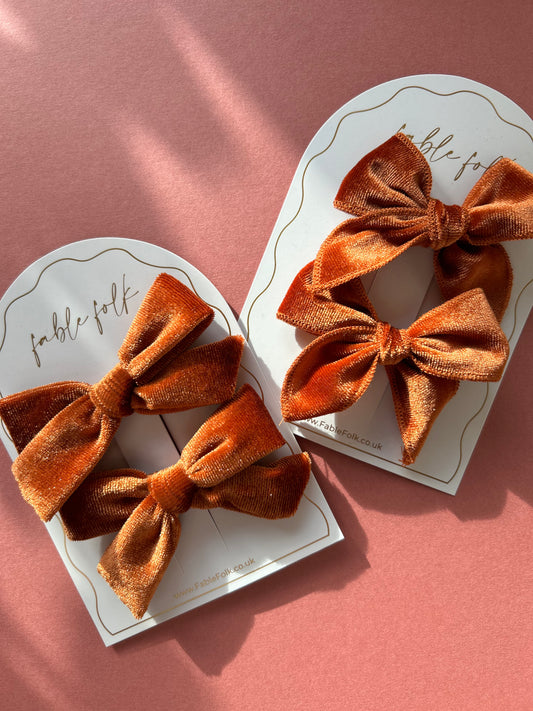 School girl velvet bow clip (2pk) - Copper