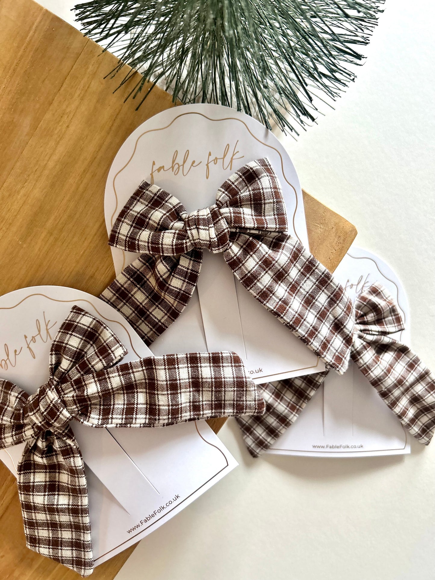 Gingham Longtail Bow Clip - Mocha
