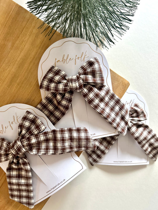 Gingham Longtail Bow Clip - Mocha