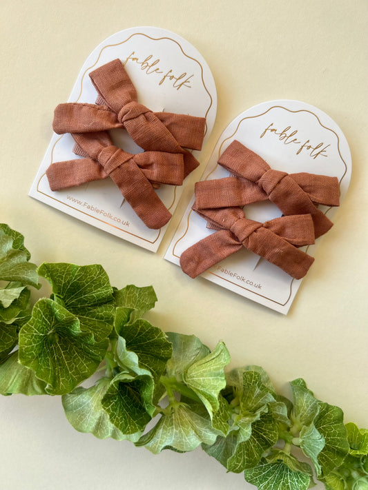Linen School Girl Bow Clips (2pk) - Terracotta