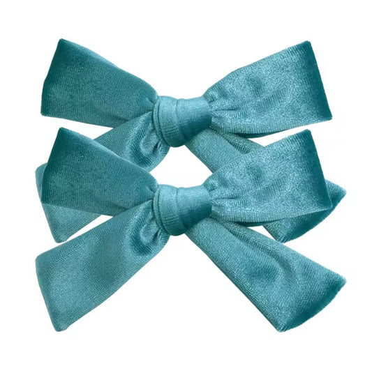 School girl velvet bow clip ( 2pk ) - Aqua