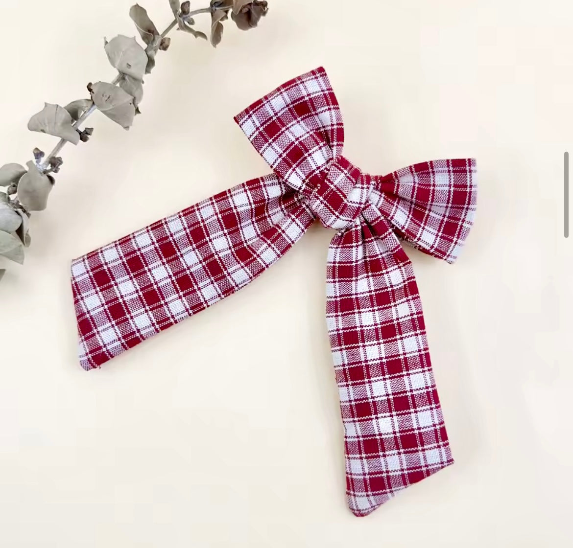 Gingham Long Tail Bow Clip - Wine