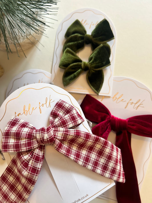 Gingham Long Tail Bow Clip - Wine