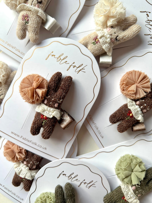 Knitted Bunny Hair Clip - Mocha Brown
