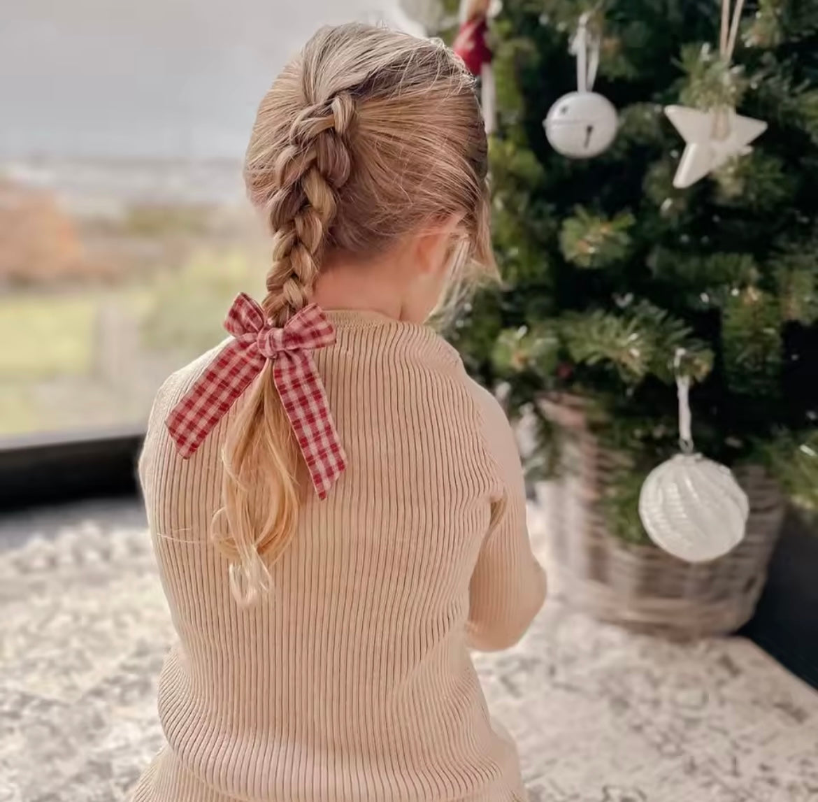 Gingham Long Tail Bow Clip - Wine