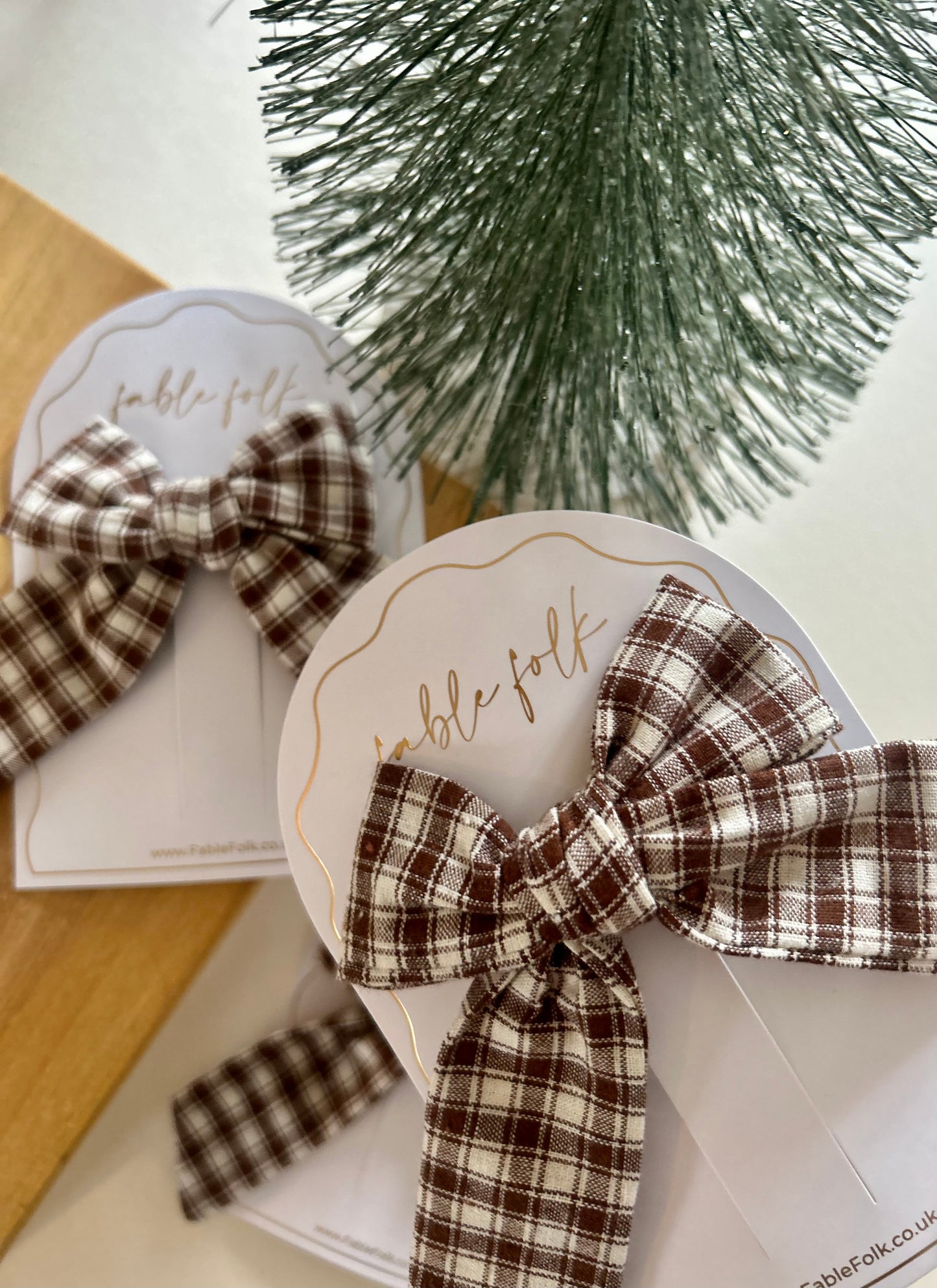 Gingham Longtail Bow Clip - Mocha