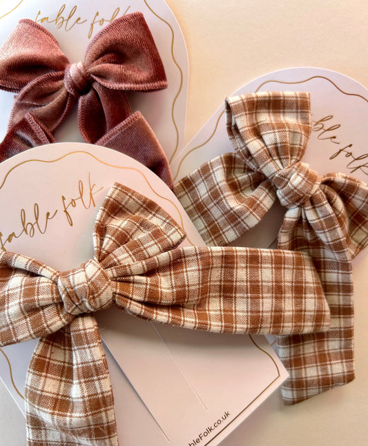 Gingham Bow Clip - Caramel