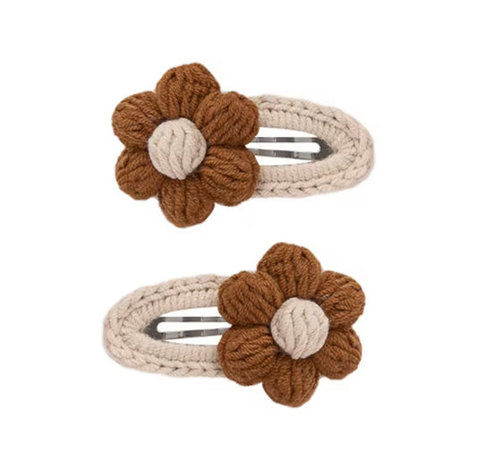 Crochet Floral Snap Clips (2pk) - Mocha