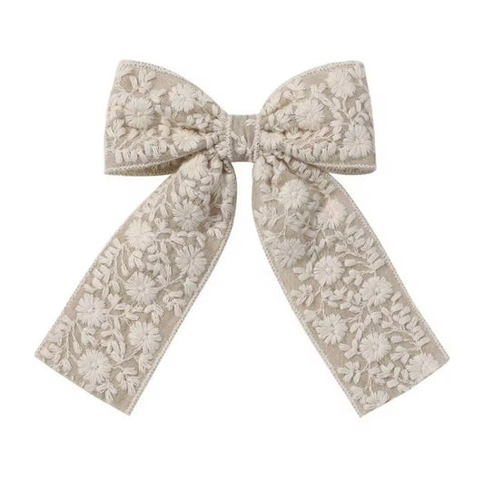 Embroidered Long Tail Bow - Stone