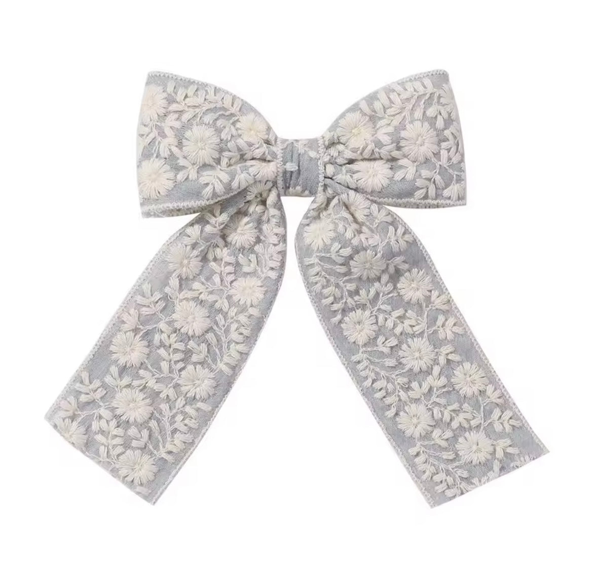 Embroidered Long Tail Bow - Soft Denim