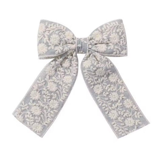 Embroidered Long Tail Bow - Soft Denim