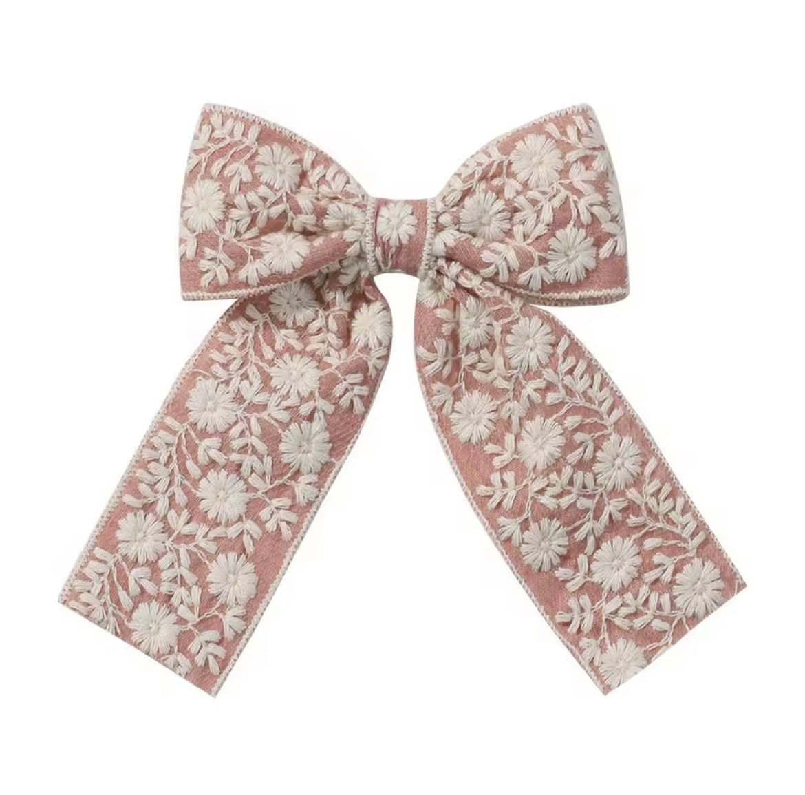 Embroidered Long Tail Bow - Blush