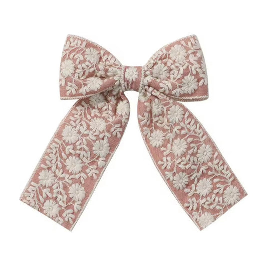 Embroidered Long Tail Bow - Blush