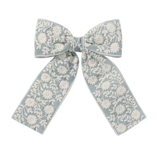 Embroidered Long Tail Bow - Sky Blue