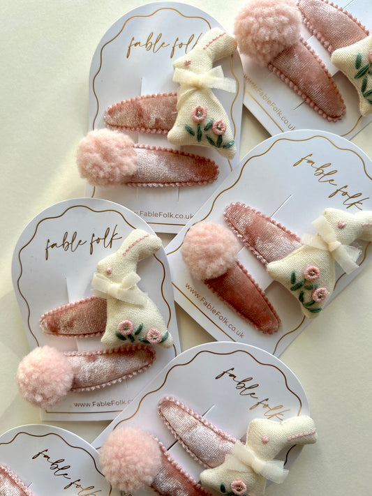 Embroidered Bunny & Pom Snap Clip Pack (2pk) - Soft Pink