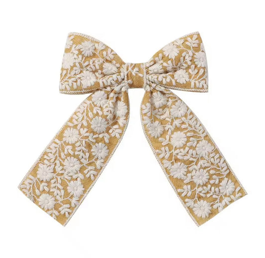Embroidered Long Tail Bow - Mustard