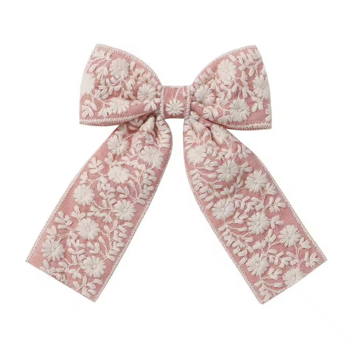 Embroidered Long Tail Bow - Posh Pink