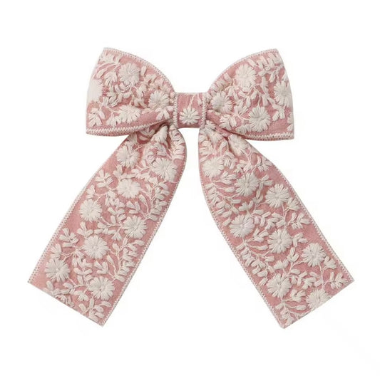 Embroidered Long Tail Bow - Posh Pink