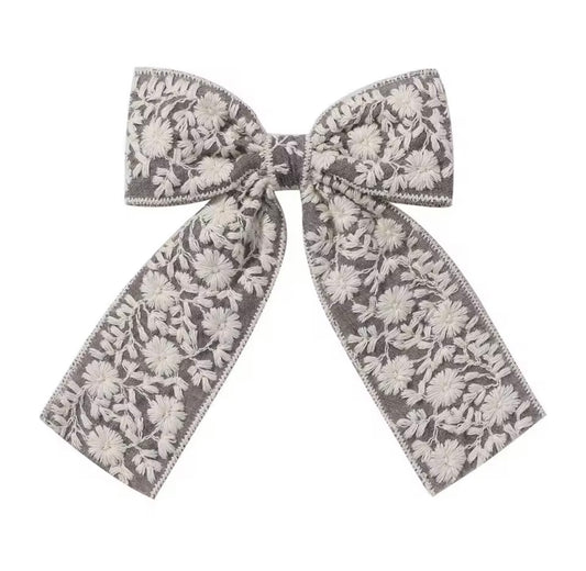 Embroidered Long Tail Bow - Blue Grey